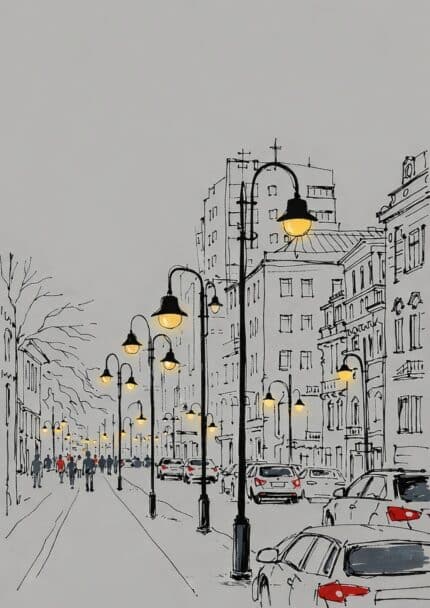 モノクロの都市スケッチを描いた北欧ミニマル 抽象 キャンバスアート。