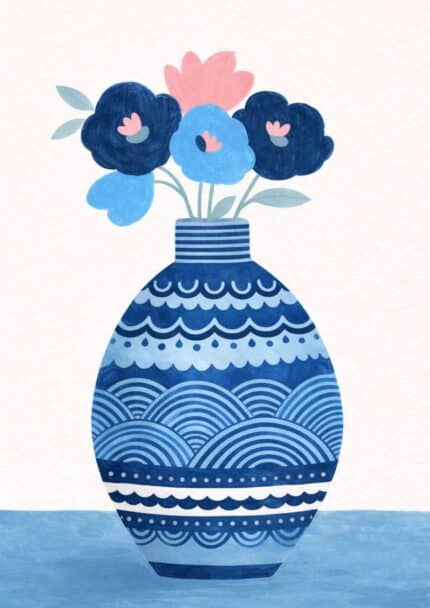 北欧ミニマル 抽象 キャンバスアートのブルーパターンベースとフラワーデザイン