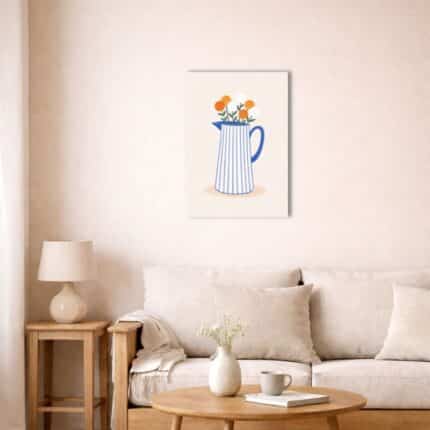 北欧ミニマルなリビングに飾られたブルーピッチャーフラワーキャンバスアート。