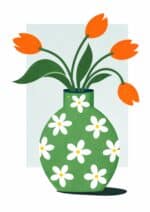 北欧ミニマル 抽象 キャンバスアートのグリーン花瓶フラワーデザイン。