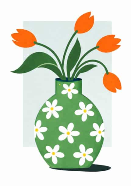 北欧ミニマル 抽象 キャンバスアートのグリーン花瓶フラワーデザイン。