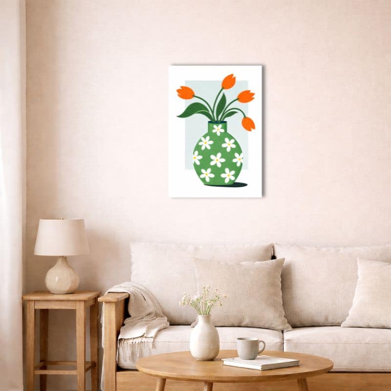nordic-minimal-abstract-canvas-art-green-vase-livingroom-10018 北欧ミニマルなリビングに飾られたグリーン花瓶キャンバスアート。