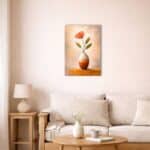 北欧ミニマルなリビングに飾られたオレンジフラワーキャンバスアート。