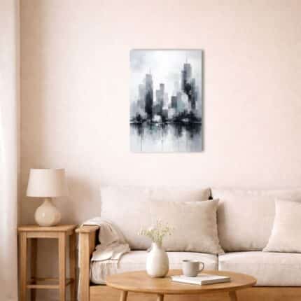 北欧ミニマルなリビングに飾られた都市抽象キャンバスアート。
