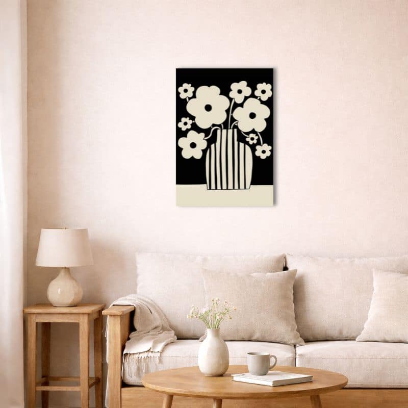 nordic-minimal-abstract-canvas-scene-10009 北欧ミニマルな空間に飾られたモノクロフラワー抽象キャンバスアート(A3相当)。