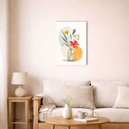 北欧ミニマルな空間に飾られた水彩フラワー抽象キャンバスアート（A3相当）。