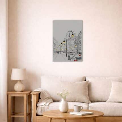 北欧ミニマルな空間に飾られたナイトシティ抽象キャンバスアート（A3相当）。