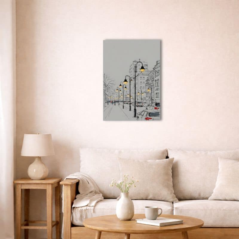 nordic-minimal-abstract-canvas-scene-10013 北欧ミニマルな空間に飾られたナイトシティ抽象キャンバスアート(A3相当)。