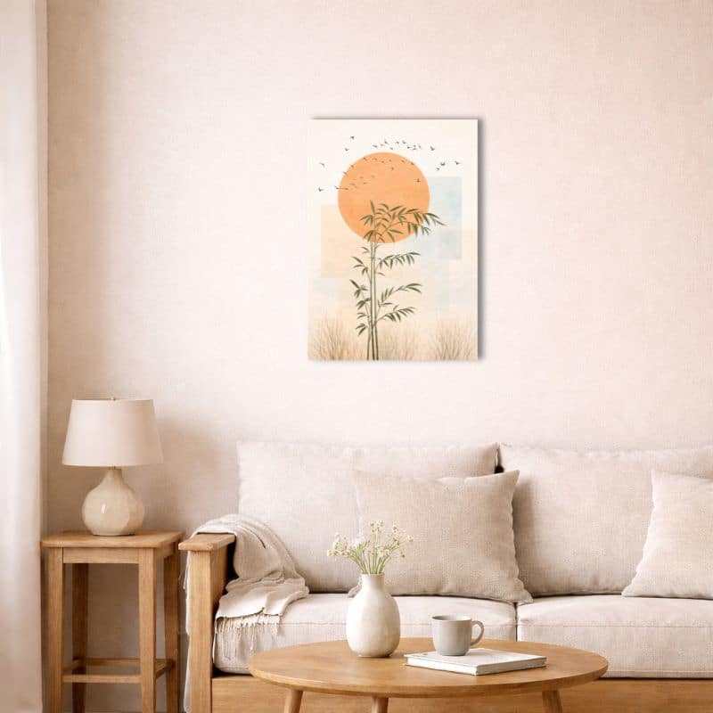 nordic-minimal-botanical-canvas-art-bamboo-sun-livingroom-ma-10016 北欧ミニマル ボタニカル キャンバスアートを飾ったナチュラルリビング空間