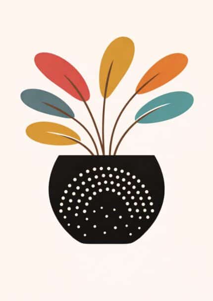 北欧ミニマル 抽象 キャンバスアートのブラックベースとカラフルリーフデザイン。