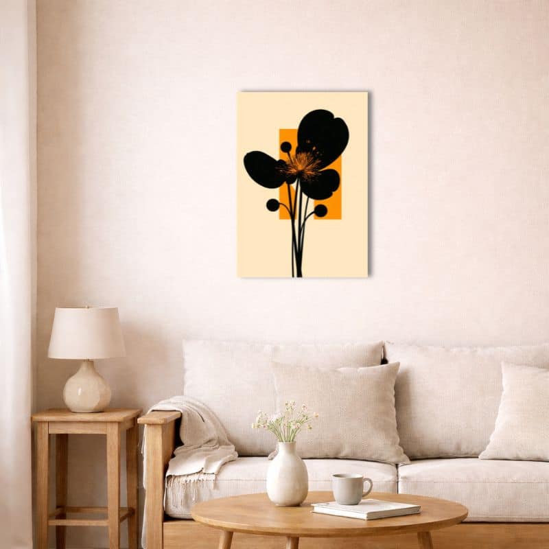nordic-minimal-abstract-canvas-art-black-flower-livingroom-10059 北欧インテリア空間に飾られたブラックフラワーアート