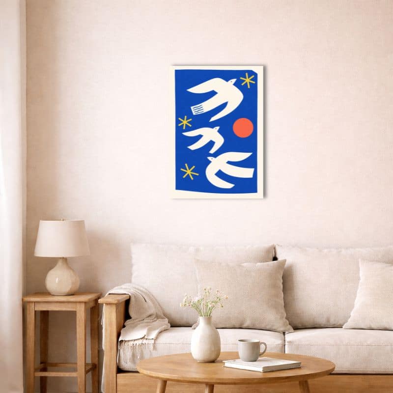 nordic-minimal-abstract-canvas-art-blue-bird-livingroom-10058 北欧インテリア空間に飾られたブルーバードアート