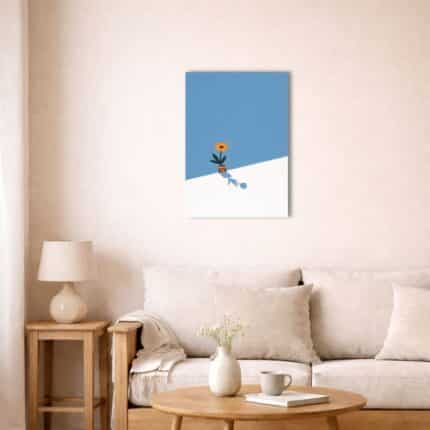 北欧ミニマルな空間に飾られたオレンジフラワーキャンバスアート。