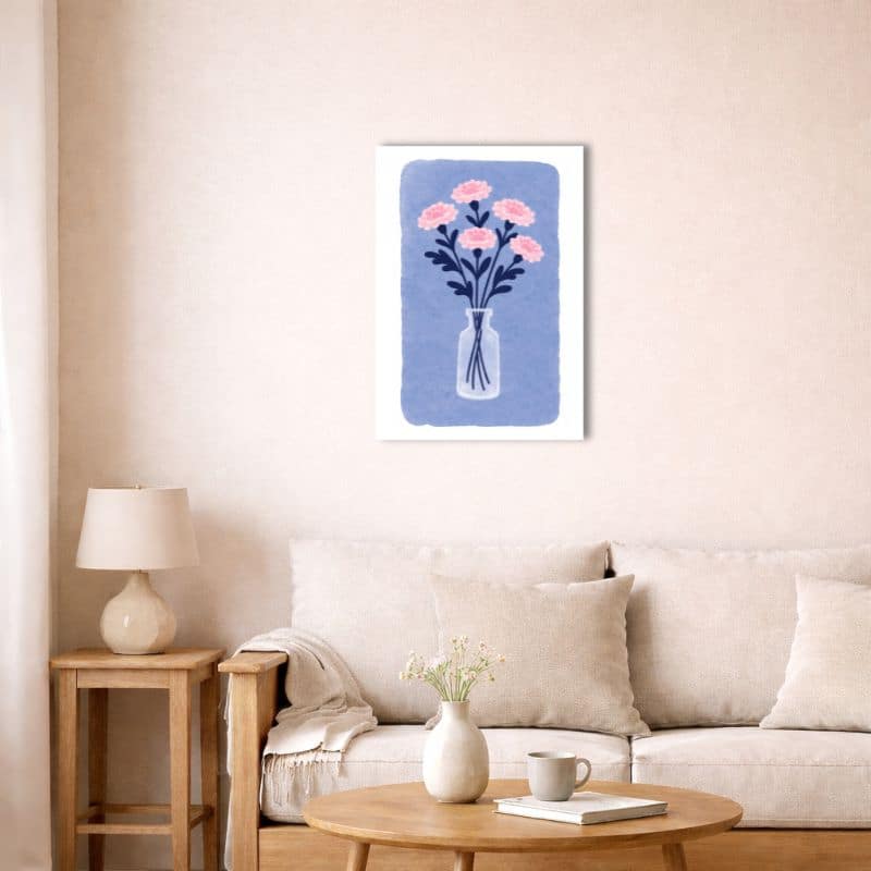 nordic-minimal-abstract-canvas-art-blue-pink-flower-livingroom-10026 北欧ミニマルな空間に飾られたピンクフラワーキャンバスアート。