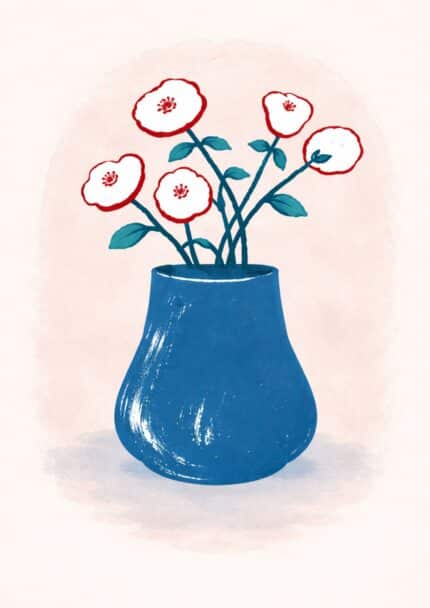 北欧ミニマル 抽象 キャンバスアートのブルーベースとホワイトフラワーデザイン。