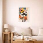 北欧インテリア空間に飾られたカラフルボタニカルキャンバスアート