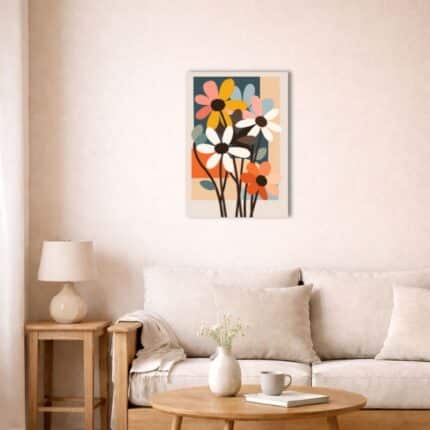 北欧インテリア空間に飾られたカラフルボタニカルキャンバスアート