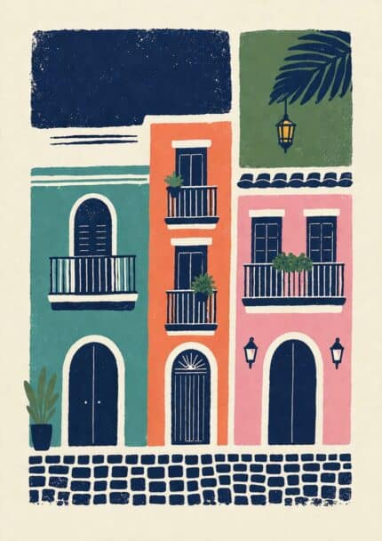 北欧ミニマル カラフル街並みモチーフの抽象キャンバスアート