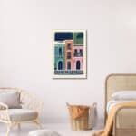 寝室空間に飾られた北欧ミニマル街並みキャンバスアート