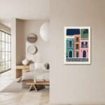 北欧インテリアのリビングに飾られたカラフル街並みアート