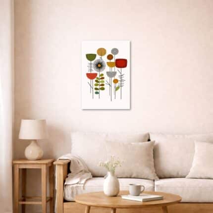 北欧インテリアのリビングに飾られたジオメトリックフラワーアート