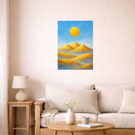 北欧インテリア空間に飾られたゴールデンマウンテンキャンバスアート