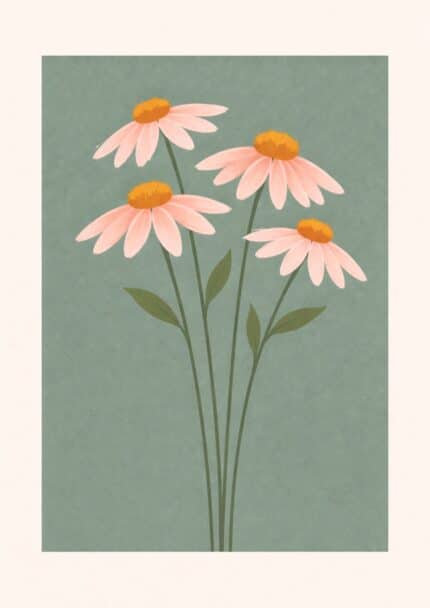 北欧ミニマル 抽象 キャンバスアートのグリーン背景とピンクフラワーデザイン。