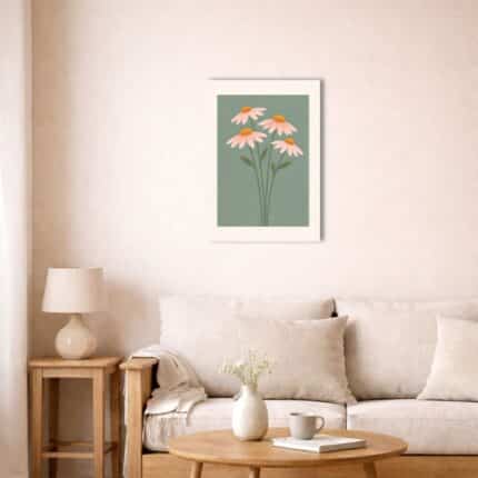 北欧ナチュラル空間に飾られたピンクフラワーキャンバスアート。