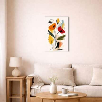 欧インテリア空間に飾られたモダンボタニカルキャンバスアート。