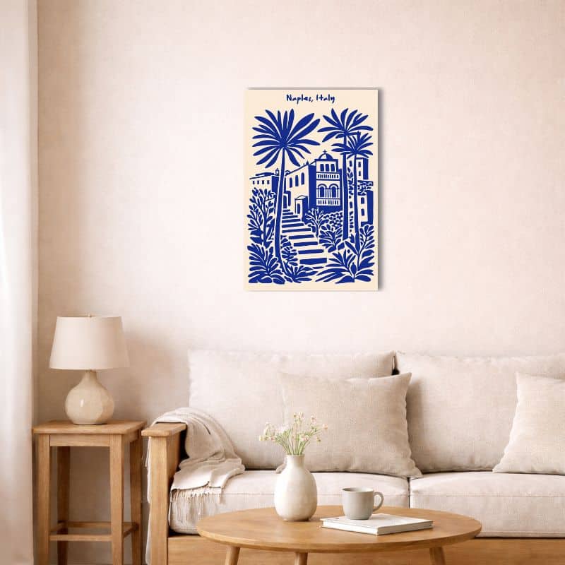 nordic-minimal-abstract-canvas-art-naples-blue-city-livingroom-10062 北欧インテリア空間に飾られたナポリブルーシティアート