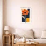 北欧インテリア空間に飾られたオレンジフラワーアート