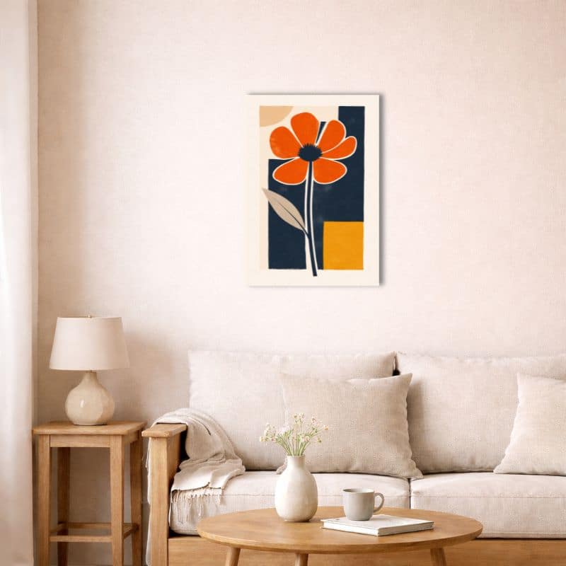 nordic-minimal-abstract-canvas-art-orange-flower-livingroom-10053 北欧インテリア空間に飾られたオレンジフラワーアート