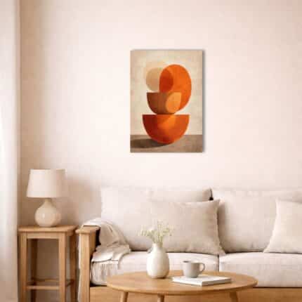 北欧モダン空間に飾られたオレンジジオメトリックキャンバスアート。