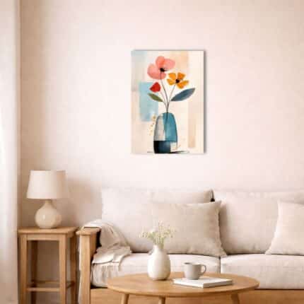 北欧空間に飾られたパステルボタニカルキャンバスアート。