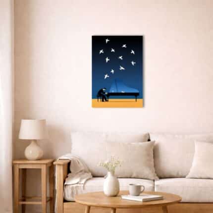 北欧インテリア空間に飾られたピアノ抽象アート