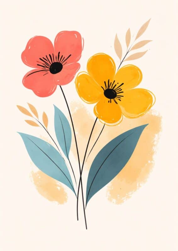 北欧ミニマル 抽象 キャンバスアートのピンクとイエローのフラワーデザイン。