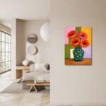 寝室空間に飾られた北欧ミニマル レッドフラワーベースキャンバスアート