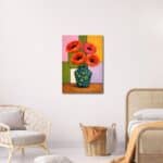 北欧インテリアのリビングに飾られたレッドフラワーベースアート