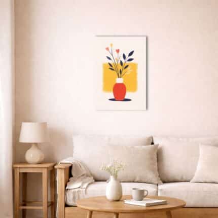 北欧モダン空間に飾られたレッドポットキャンバスアート。