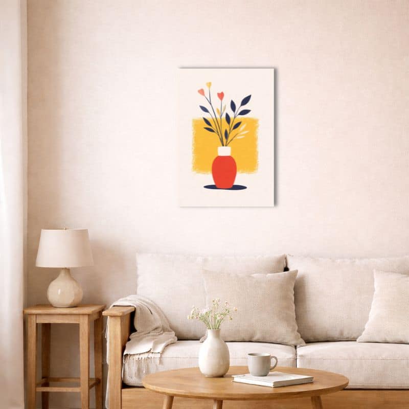 nordic-minimal-abstract-canvas-art-red-yellow-botanical-livingroom-10033 北欧モダン空間に飾られたレッドポットキャンバスアート。