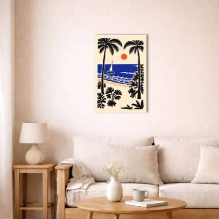 北欧インテリア空間に飾られたトロピカルビーチアート