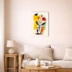 北欧モダン空間に飾られたビビッドフラワーキャンバスアート。