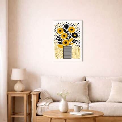 北欧インテリア空間に飾られたイエローフラワーキャンバスアート