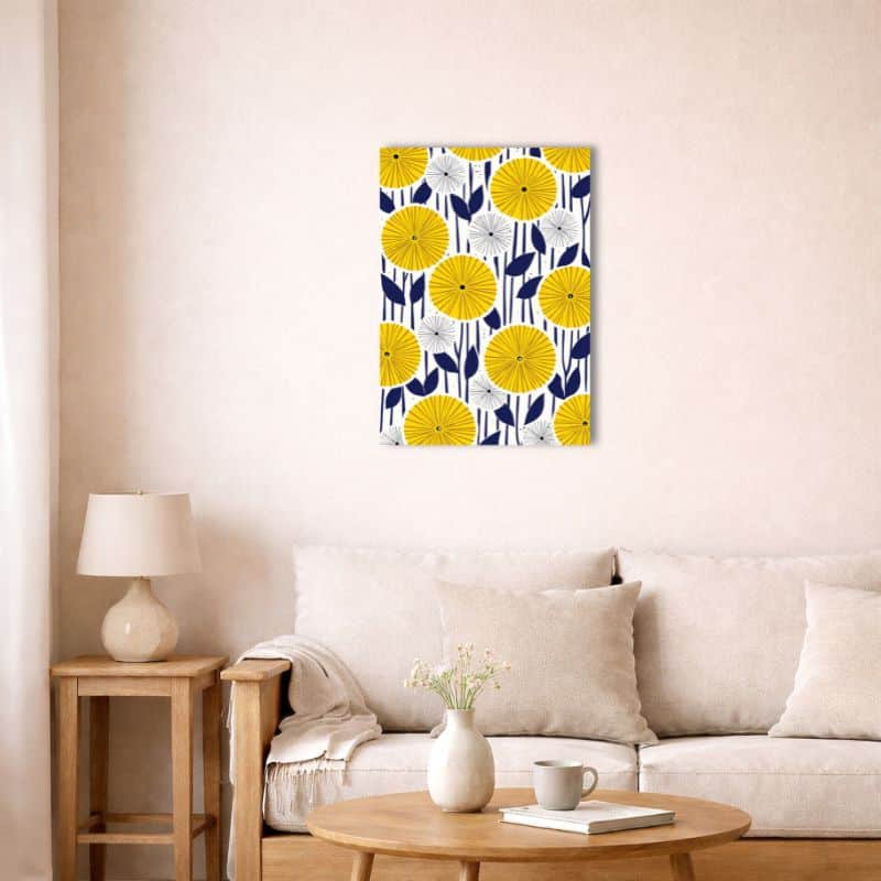 nordic-minimal-abstract-canvas-art-yellow-flower-pattern-livingroom-10061 北欧インテリア空間に飾られたイエローフラワーパターンアート