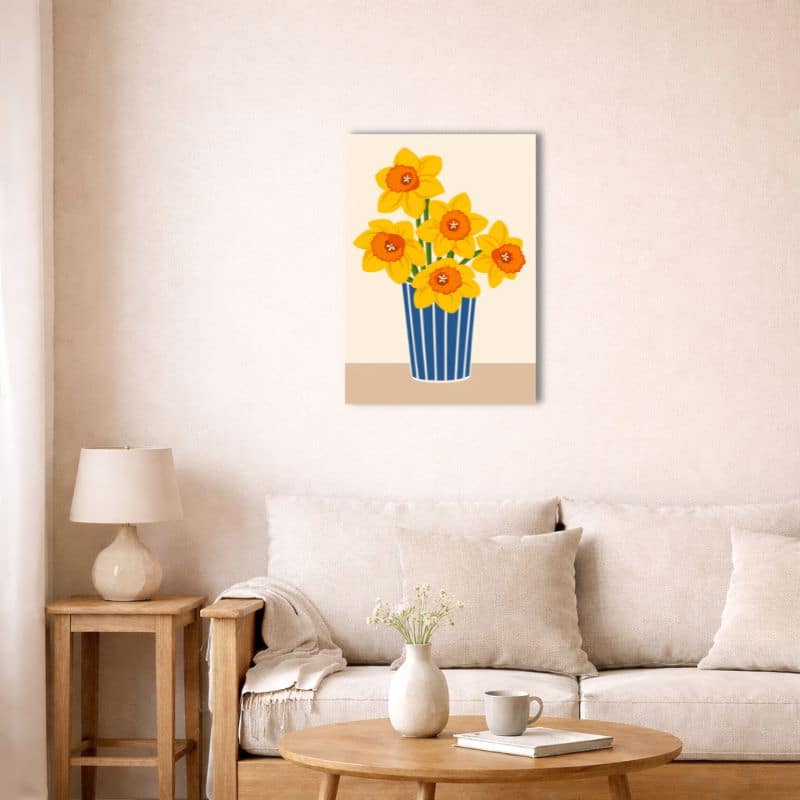 nordic-minimal-abstract-canvas-art-yellow-flower-vase-livingroom-10057 北欧インテリア空間に飾られたイエローフラワーアート