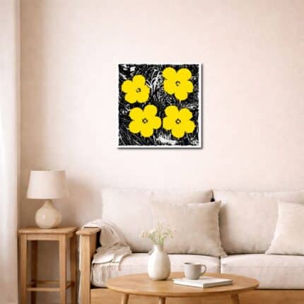 イエローフラワー シルエット キャンバスアートを飾ったリビング空間