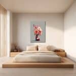 やわらかな花モチーフの縦長キャンバスアートを寝室に飾ったイメージ