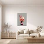 立体的な花と花器のキャンバスアートをリビングに飾ったイメージ