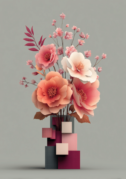 淡いグレー地に立体的な花々と幾何学花器を描いた縦長キャンバスアート