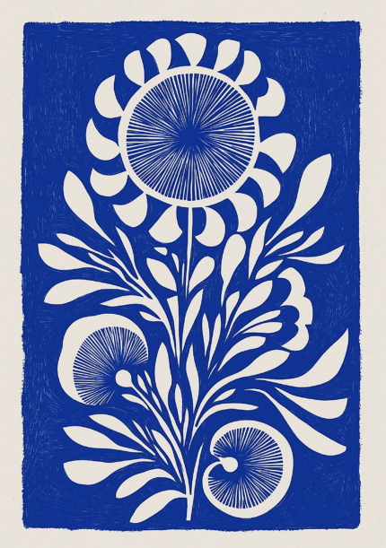 藍色と白が美しい版画風ボタニカルキャンバスアート